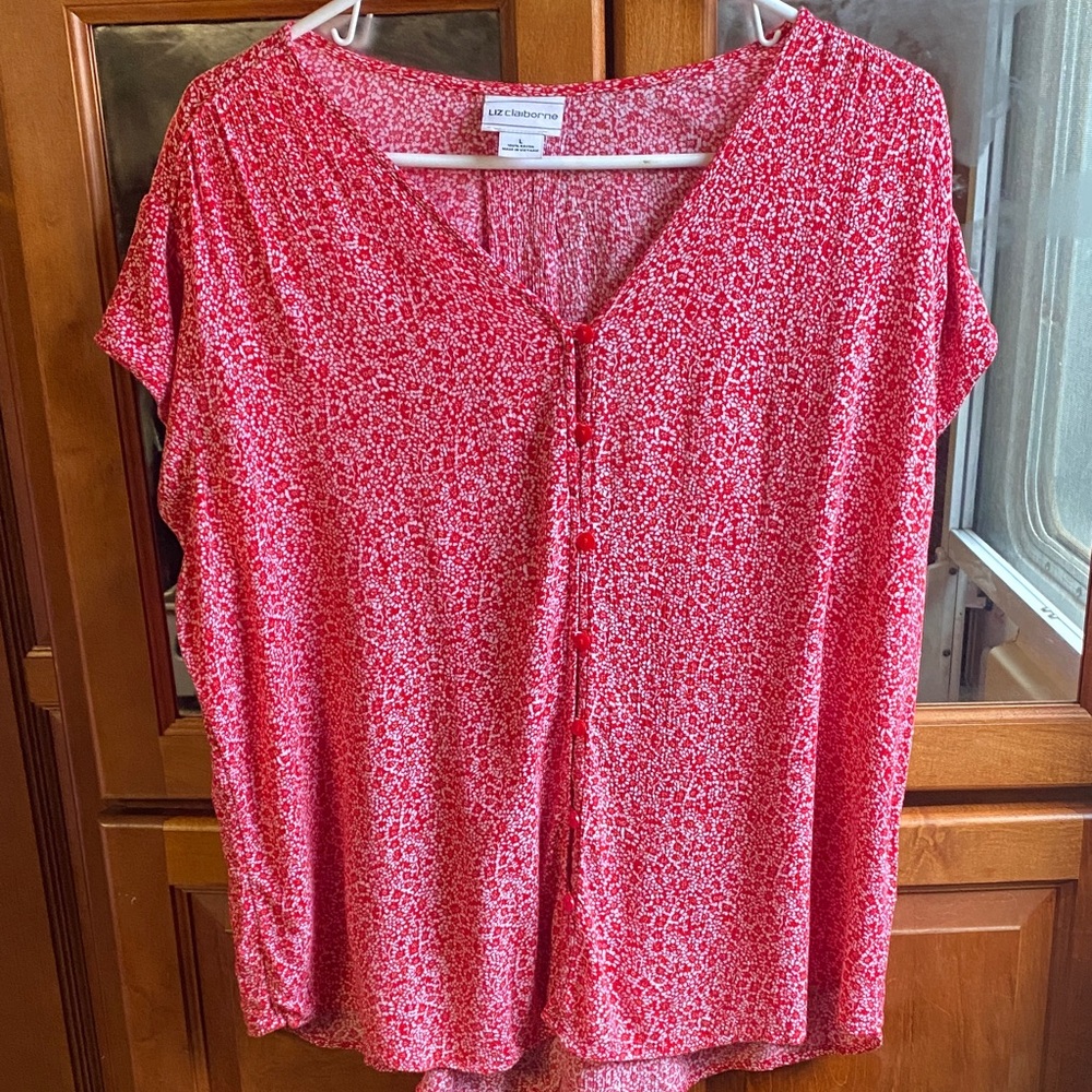 Vibrant Red & White Ditzy Pattern Large/XL Button-Up Blouse Spring Summer